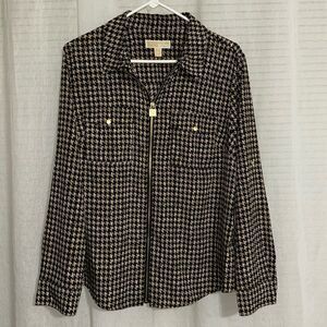 Michael Kors XL Tan Black Houndstooth Zip Front Long Tab Roll up Sleeve Blouse
